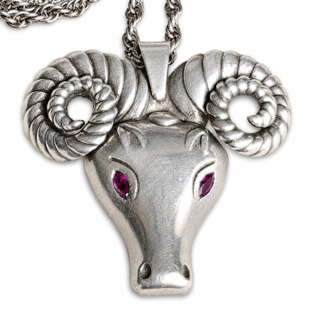 Vintage Sterling Silver Ram Necklace Amethyst Eyes 24" Chain Statement